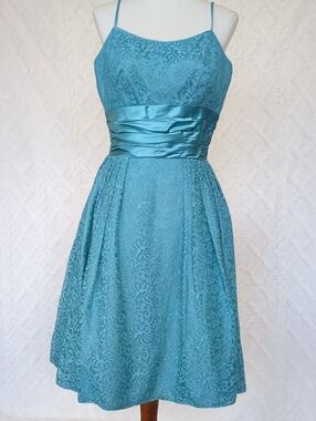 Vintage Teal Lace Fit-and-Flare Dress with Satin Waistband